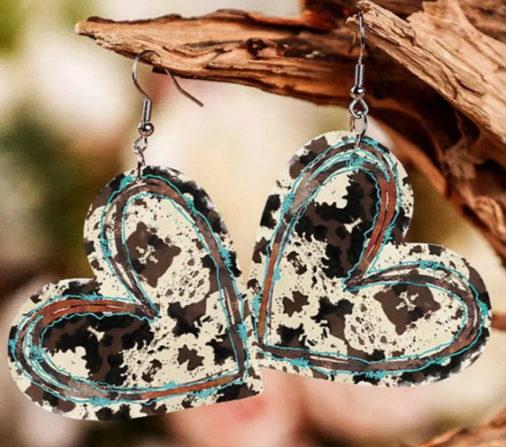 Cowhide Print and Turquoise Heart Drop Earrings